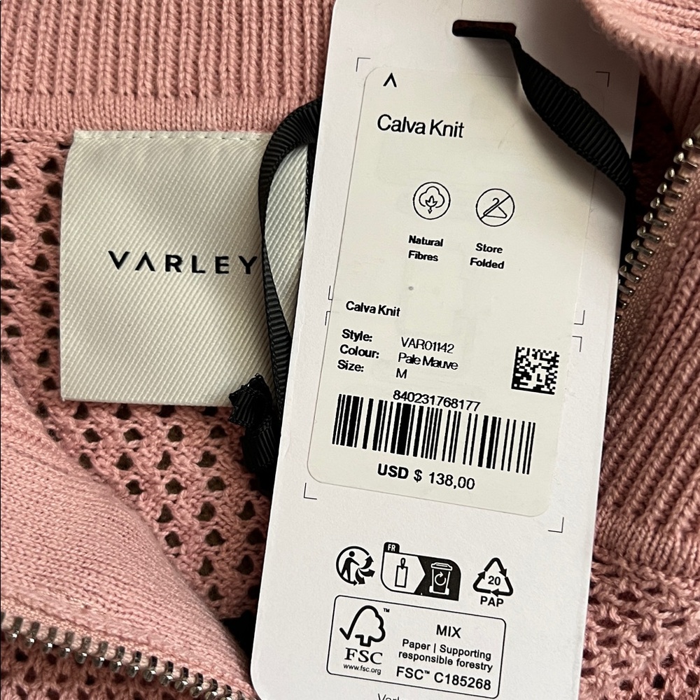 NEW Varley Pink & White Calva Zip Open Knit Sweater Sz M - Picture 5 of 12